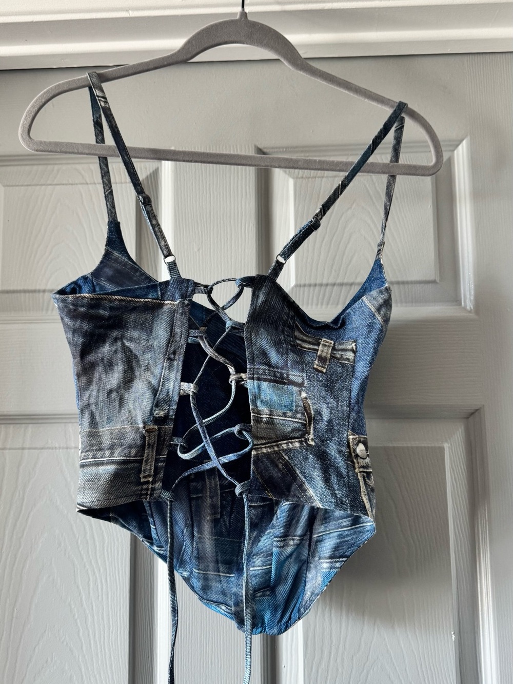 Miaou Women’s Blue Denim-Print Corset Top - Picture 2 of 5